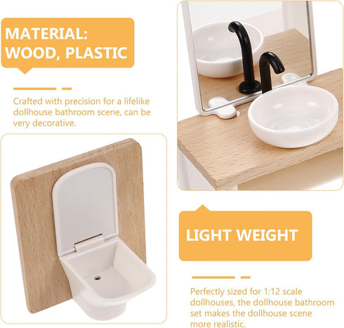Toyvian 8pcs Dollhouse Bathroom Set: 1/12 Scale Toilet Bathtub Basin Wooden Bathroom Cabinet with Sink Miniature