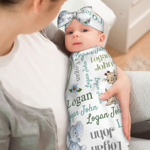 Nevaou Set Personalized Swaddle Blanket Boy Girl Newborn Essentials Custom Baby Name Blanket with Bow Headband and Hat