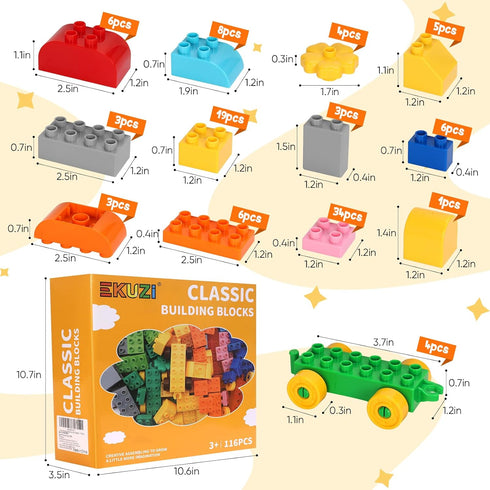 116 3 Creative Building Blocks - Pieces Large-Size Blocks, Build Train Animal, Ideal STEM Toy for Year Old Kids