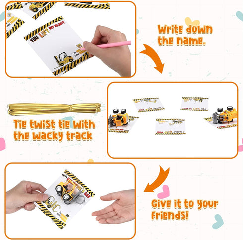 24 Set Roowest Valentine's Day Gifts for Kids Bulk Construction Vehicle Valentines Card Pull Back Construction Truck