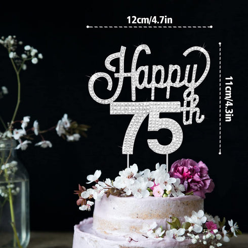 LINGTEER Happy 75th Birthday Silver Rhinestone Cake Topper - Cheers to 75 Years Old Anniversary Party Cake Centerpieces