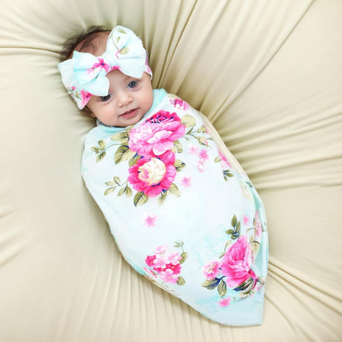 Galabloomer Flower Print Baby Swaddle Blankets Receiving Blanket Headband Set