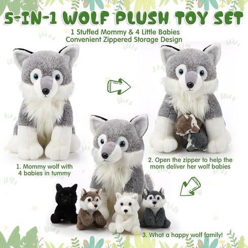 Honoson 5 Set 14 Inch Mommy 4 Pcs Wolf Plush Toy Wolf Stuffed Animal with Babies Soft Plushie for Boys Girls Birthday