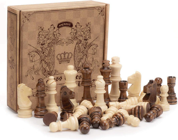 AMEROUS Wooden Chess Pieces Only, Staunton Style Wood Chessmen with 3.15" King, Storage Bag, Gift Packed Box
