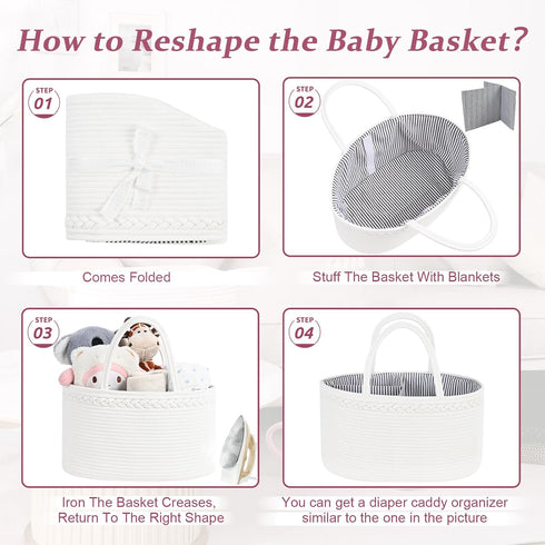 13.5L 15.3"x9.8"x7" Baby Diaper Caddy Organizer, Cotton Rope Diaper Basket, Changing Table Storage Caddy With Removable