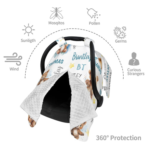Novusopt Personalized Baby Car Seat Cover Winter Custom Minky Carseat Cover Boy Girls with Name Bear Carseat Canopy