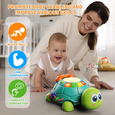 6 12 Tummy 12-18 6 7 8 9 10 1 2 Letapapa Baby Toys to Months, Time Toy for Months, Musical Turtle Crawling Toys