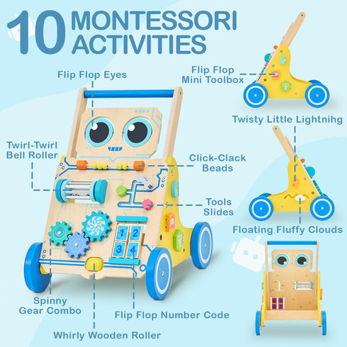 Monlaeurd Robot Wooden Baby Walker, Adjustable Push Pull Toy, Montessori Activity Center, Learning Activity Walker