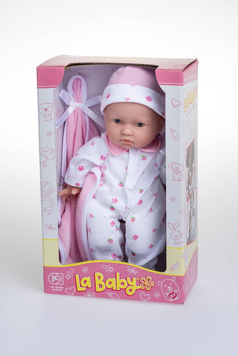 JC Toys La Baby Caucasian Baby Doll Set, 11 Inch Soft Doll, Washable, Removable Pink Outfit with Hat & Blanket, 12