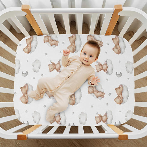 KICPOAY 52 28 Fitted Crib Sheets White Bears with Clouds Stretchy Portable Playard Sheets for Baby Toddler, Breathable