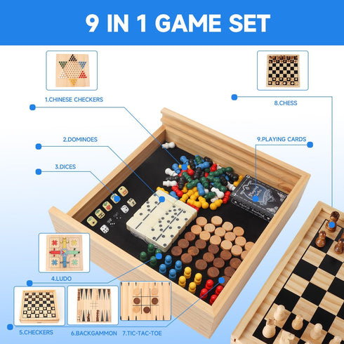 GSE Games & Sports Expert Wooden 9-in-1 Game Combo Set - Chess, Checkers, Backgammon, and More