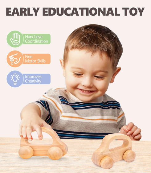 Wooden Baby Cars Toys - 2 PCS Wooden Cars for Toddlers 1-3, Montessori Toys for Babies 0-12 Months, Neutral Nursery