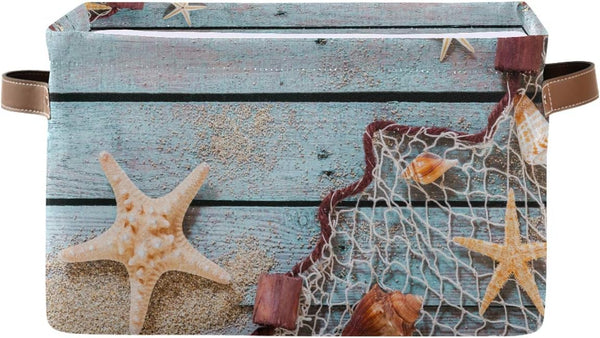 AUUXVA Summer Beach Sand Storage Basket Bin, Rustic Wooden Starfish Large Fabric Toys Storage Cube Box