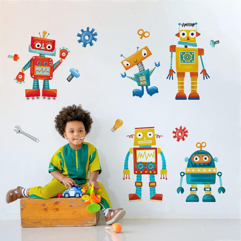 Yovkky Robots Educational Wall Decals Stickers for Baby Boys Room, Clockwork Wrench Toddler Nursery Playroom Decor