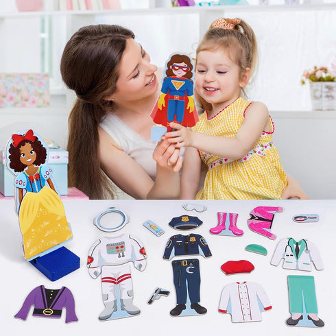 Atoylink Wooden Magnetic Dress Up Dolls for Girls, Pretend Play Set, Princess/Witch/Occupations Matching Games