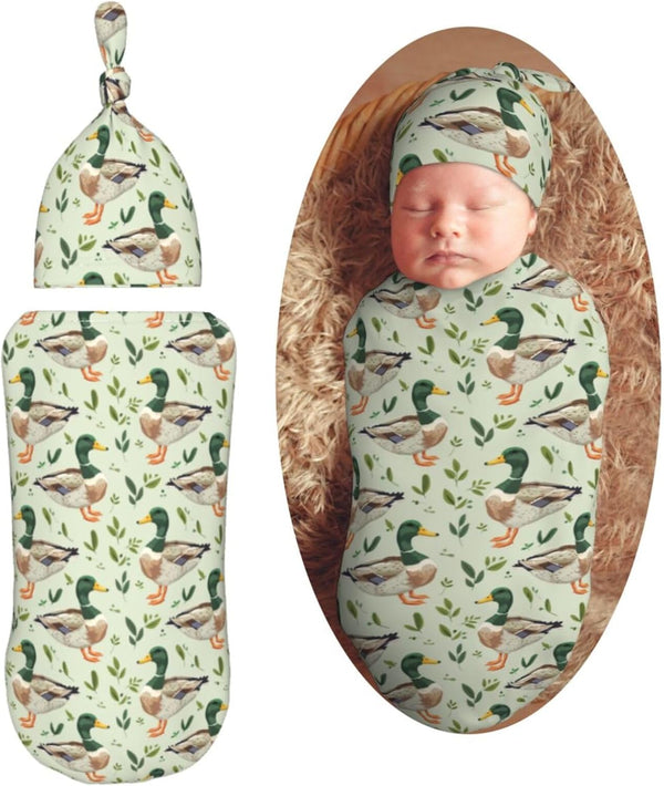 Farm Animal Cute Mallard Duck Newborn Swaddle Blankets Hat Sets Soft Baby