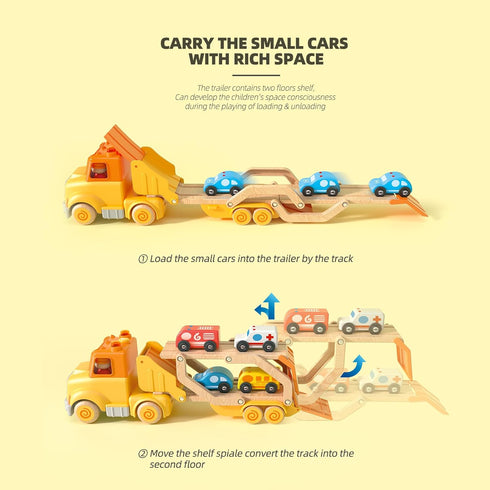 Toddler Car Toys for 2-5 Years Old, Transport Carrier Truck Toy with 4 Wooden Vehicles, 24IN Foldable Track