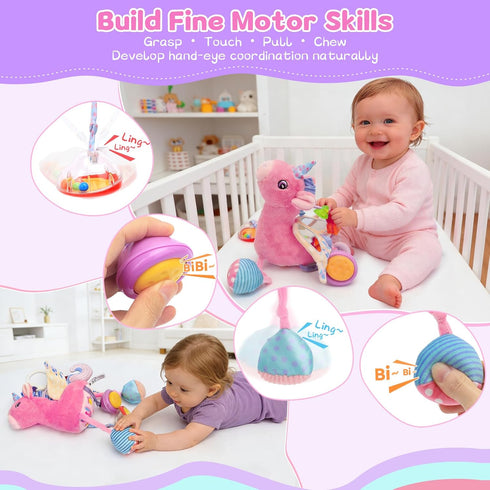 0-12 Car Seat & Stroller Toy for Girl - Musical Sensory Plush with Rattle & Mirror Baby Toys Months Hanging Travel
