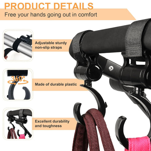 3 Pcs Walker Hook Hanging, 360° Rotation Baby Stroller Wheelchair Hanger Clip for Diaper Bags and Mommy Organizers