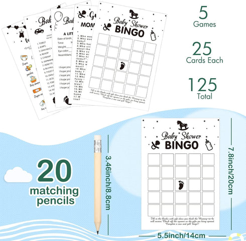 Yinder 145 Pieces Baby Shower Games for Boy or Girl, Game Activities Cards with 20 Pencils, Simple Style