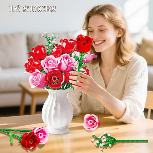 Set 16 387PCS HOGOKIDS Flowers Bouquet Building with Lights - Roses Bouquet Botanical Building Blocks Artificial Red