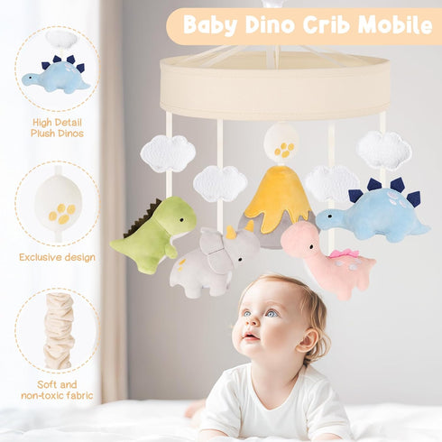 3-Mode Dinosaur Crib Mobile Beige Dino Baby Crib Mobile with Music Box, Nursery Mobile with Triceratops, T-Rex