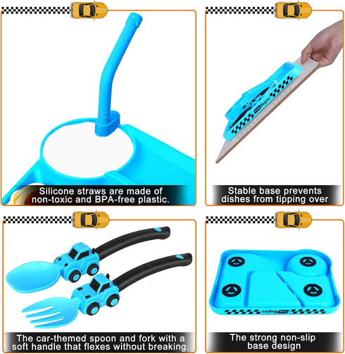 Toddler Plates, Eating Utensil Set with Spoon, Fork, and Removable Straw, Construction Theme Toddler Cutlery Set