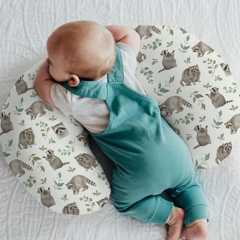 Watercolor Raccoon Baby Nursing Pillow Covers for Boy Girl Raccoons Green Leaves Nursery Pillowcase for Breastfeeding