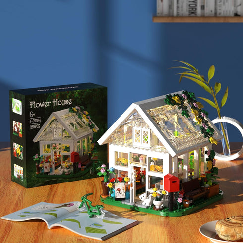 Set, Playset (597 Flower House Building Creative Garden Toy with LED Light, Build a Greenhouse Model, Great Gift