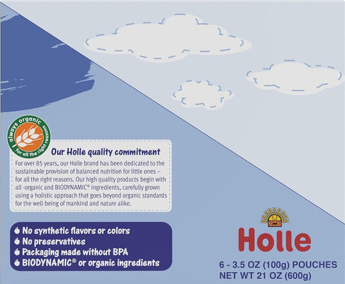 (6 Pack) 6 Holle Organic Baby Food Pouches - Blue Bird Baby Puree with Pear, Apple, Blueberry & Oat - Organic Baby