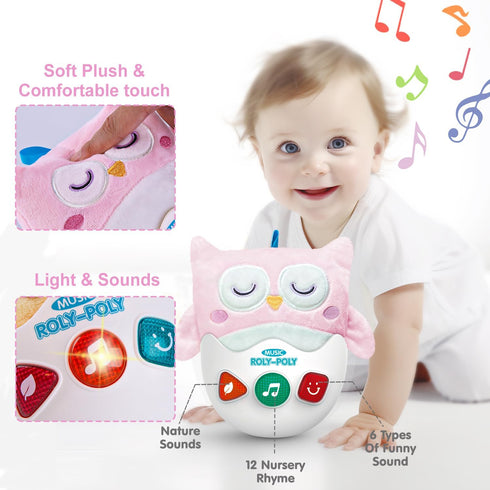 0-6-12 Baby Toys Months, Plush Owl Stuffed Animal Musical Toys with Light & Sounds, Infant Roly-Poly Sensory Toy, Baby