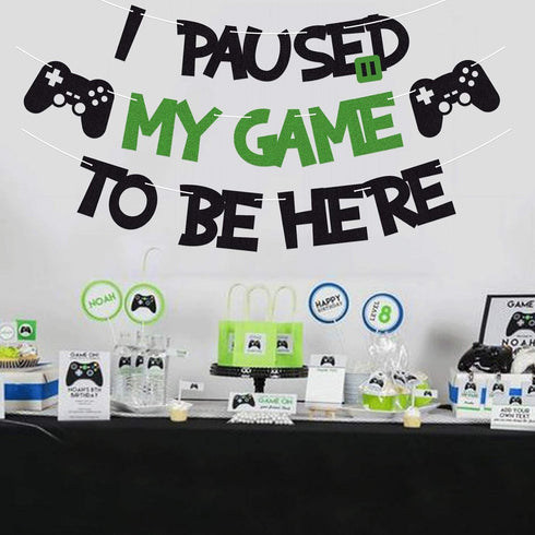 I Paused My Game To Be Here Banner, Glitter Gamer Theme Party Decoration Sign for Kids Video Game Birthday Parties