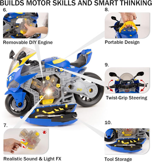ZHYLLO 3-5, Set 3 4 5 6+ Take Apart Motorcycle Toy for Kids Mechanic Toy DIY Repair with LED Lights, Real Engine Sounds