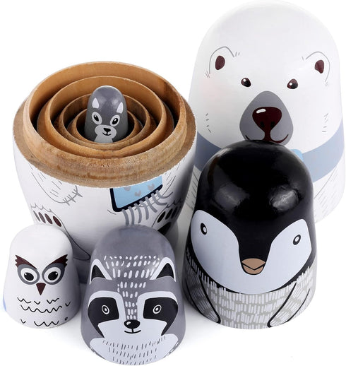 Yoption 5Pcs Handmade Wooden Russian Matryoshka Dolls Set for Kids - Polar Bear Penguin Nesting Toy Gift