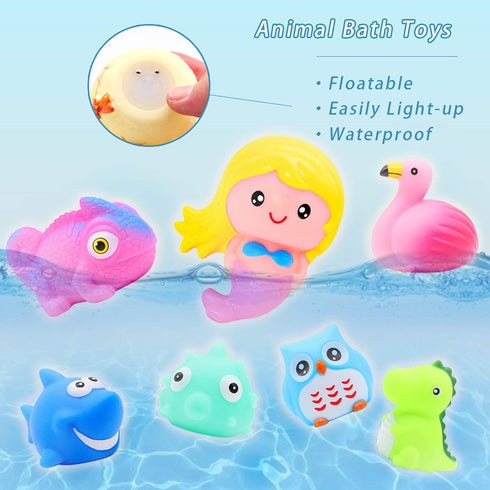 Animal Bath Toy Set with 8 Pcs Floating Auto Flashing Early Learning Toys for Kids & Pets, Dinosaur Shark Flamingo
