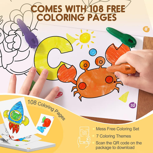 24 108 Ages1-3,2-4,4-8 Mess Free Beeswax Crayons for Toddlers, Colors Baby's First Washable Jumbo Crayon with FREE