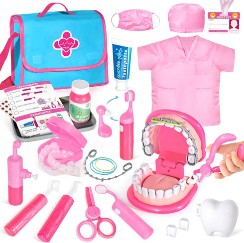 ULOVEME Pink Doctor Kit for Toddlers 3-5 with Costume - Dentist Kit