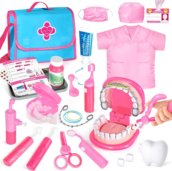 ULOVEME Pink Doctor Kit for Toddlers 3-5 with Costume - Dentist Kit