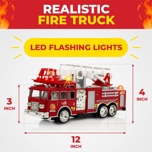 3-7+ Toysery Fire Truck Toy with Flashing Lights & Siren Sounds for Kids, Extendable Rotating Ladder, Bump and Go