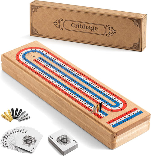 Cribbage Board Game Set with Large Storage Area, Solid Wood 3 Track