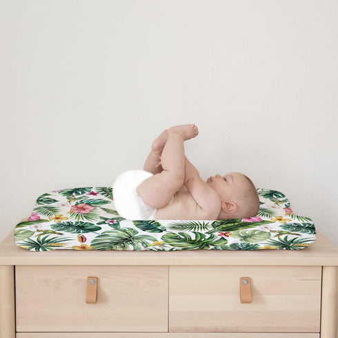 Green Tropical Leaves Floral Hummingbirds Changing Pad Covers, Rainforest Monstera Leaves for Boy Girl, Soft 32''x16''