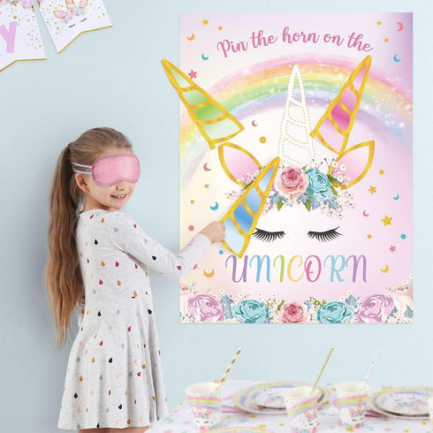 WERNNSAI Pin The Horn on The Unicorn, Birthday Party Game Poster with 24 Horn Stickers