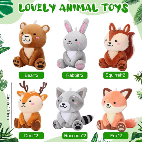 12 4'' Pcs Mini Woodland Stuffed Animals Bulk Woodland Cute Animal Plush Toys Bear Rabbit Raccoon Fox Deer for Baby