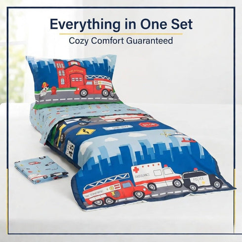 4 Set EVERYDAY KIDS Piece Toddler Bedding -Fire and Police Rescue- Includes Comforter, Flat Sheet, Fitted Sheet