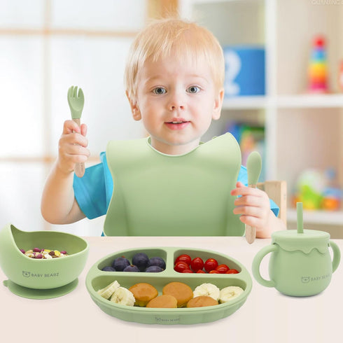 Silicone Baby Feeding Set 6+ Months, Baby Led Weaning Utensils with Suction Bowl, Plate, Spoon, Fork, Snack Cup