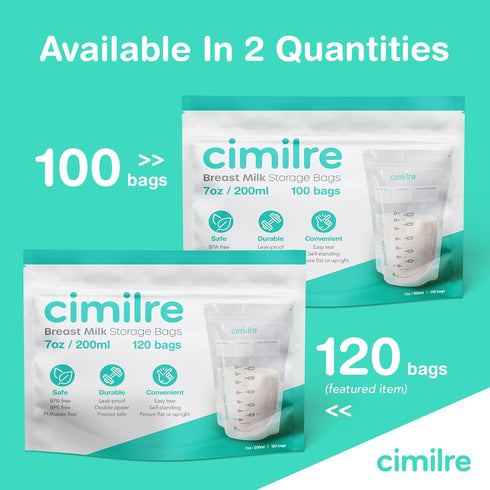 7 oz. (120 Pack) Breast Milk Storage Bags by Cimilre, Leak-Proof Breastmilk Storage Bags, Freeze Flat or Standing, Bags