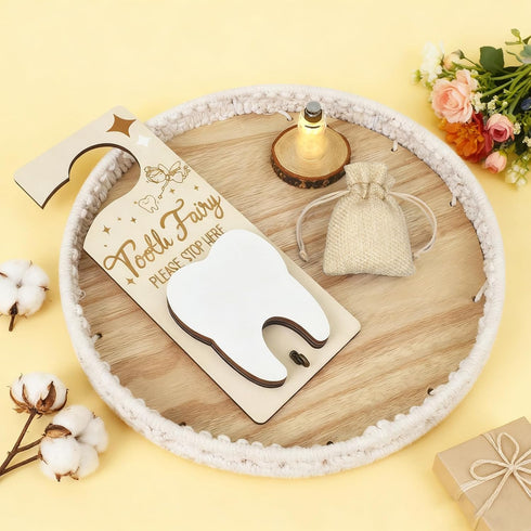 Tooth Fairy Door Hanger, Tooth Fairy Tooth Holder Kit with Money Slot Keepsake Bottle Burlap Pouch & Upgrade Night