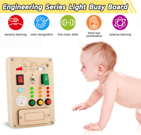 Busy Board Montessori Toys for 1 Year Old Led Button Push Toys Light Switch Preschool Learning Toys Wooden Sensory Toys for Toddlers 1-3 Baby Gifts Travel Fidget Toy (Vehicle Theme Light Toy)