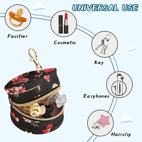 YETTASBIN Valentines Car Portable Pacifier Holder Case with Metal Hook Buckle & Zipper for Diaper Bag and Stroller
