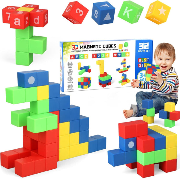 32PCS Magnetic Building Blocks for Kids Ages 3-5 - 1 Inch Magnet Blocks for Toddler, Montessori Toy, Preschool STEM